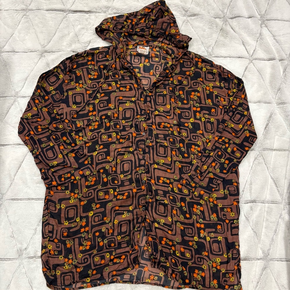La Femme Boho 70s Vibe Beach Hippy Cover Up Light Cotton Sz Small Hood Flowy